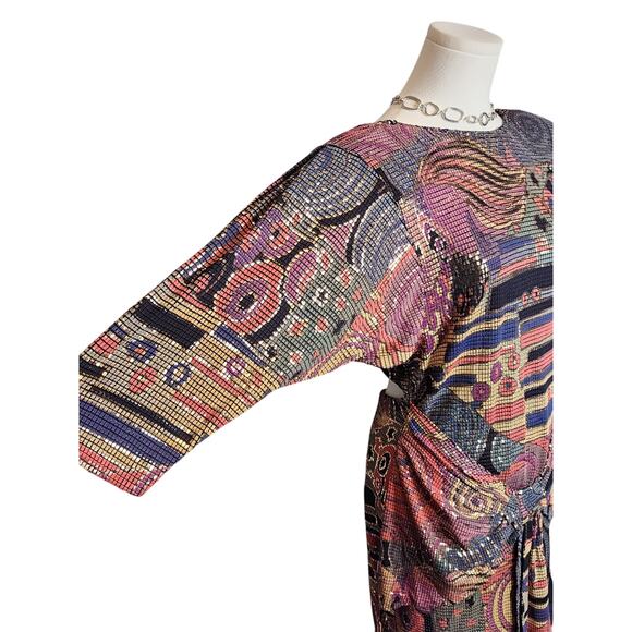 Vtg 80s Cache Funky Colorful Abstract Avant Garde Party Shimmer Italy Dress Sz M - Picture 3 of 8
